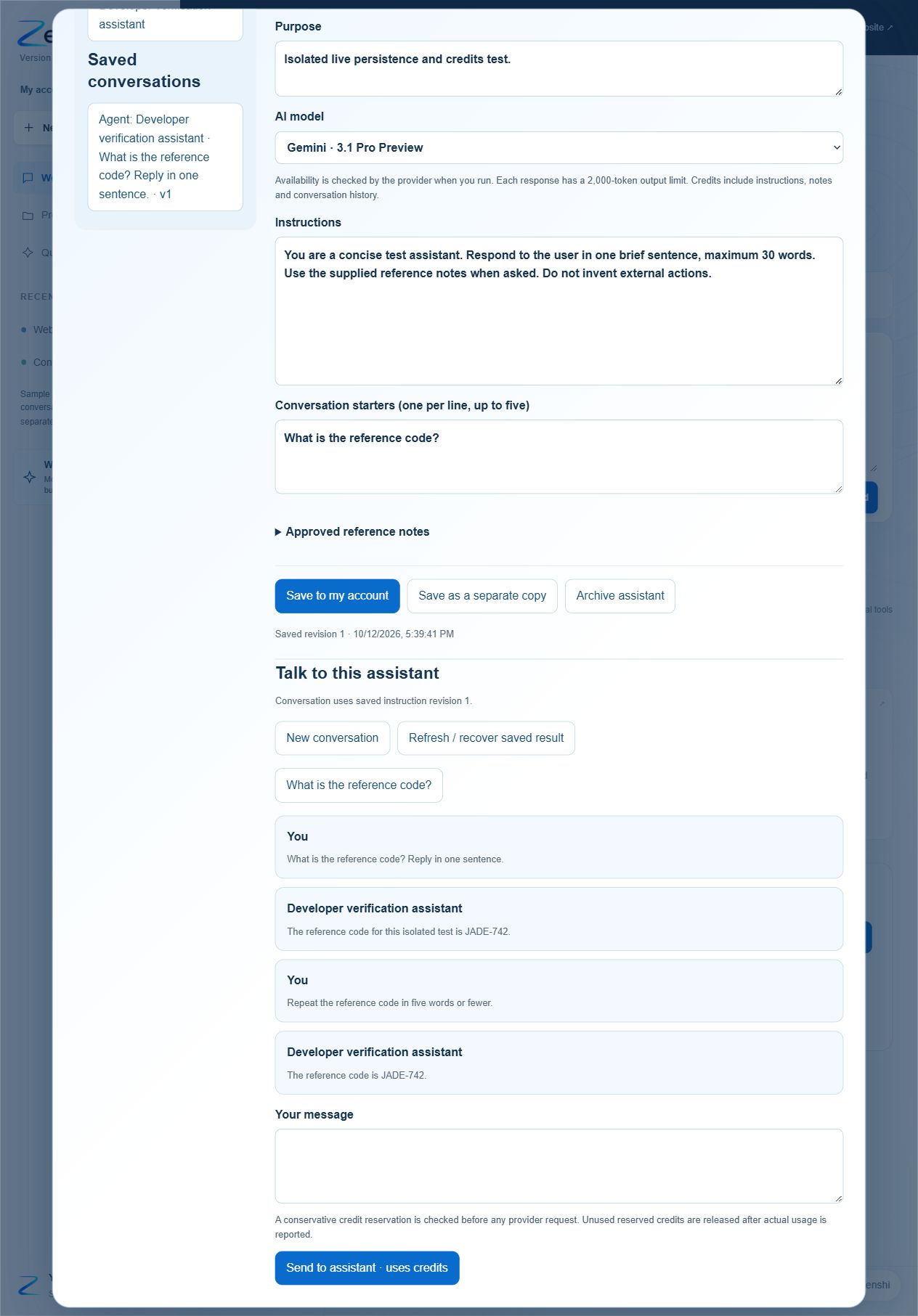 Isolated Agent Studio test with saved reference instructions and repeated answers
