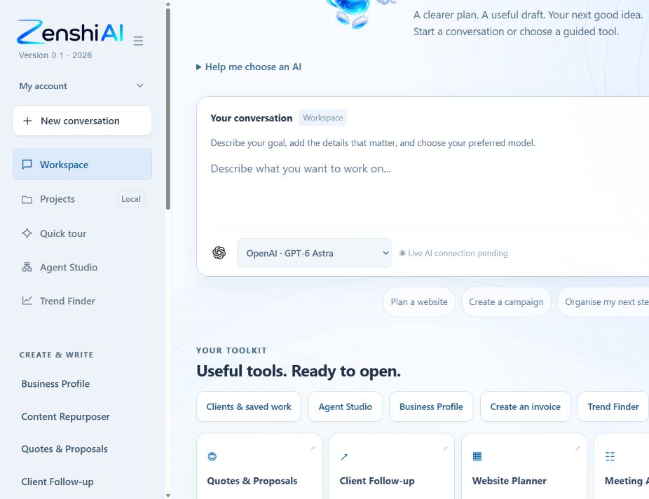Zenchi AI development workspace with Agent Studio and business tools